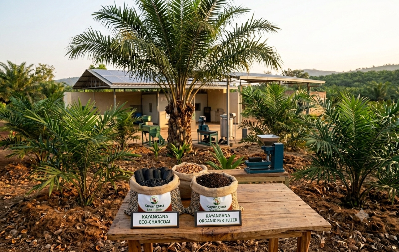 Eco-charcoal and organic fertilizer from palm residues